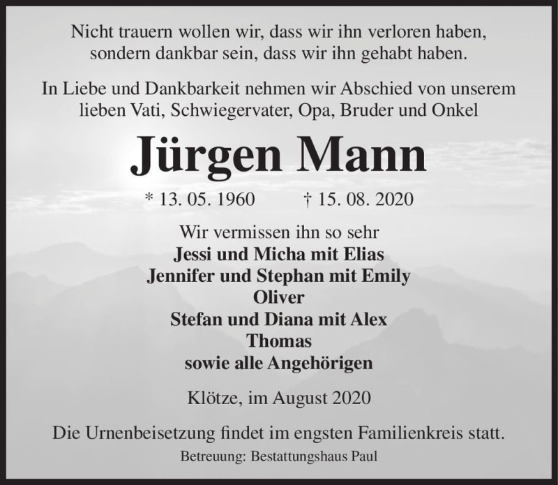  Traueranzeige für Jürgen Mann  vom 19.08.2020 aus Magdeburger Volksstimme