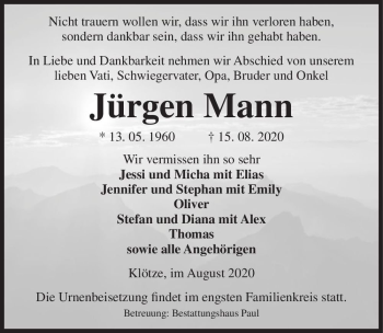 Traueranzeige von Jürgen Mann  von Magdeburger Volksstimme