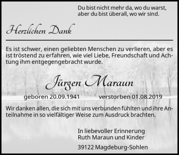 Traueranzeige von Jürgen Maraun  von Magdeburger Volksstimme