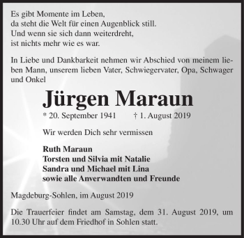 Traueranzeige von Jürgen Maraun  von Magdeburger Volksstimme