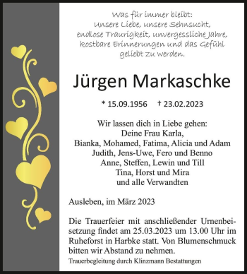 Traueranzeige von Jürgen Markaschke  von Magdeburger Volksstimme