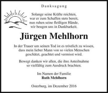 Traueranzeige von Jürgen Mehlhorn  von Magdeburger Volksstimme