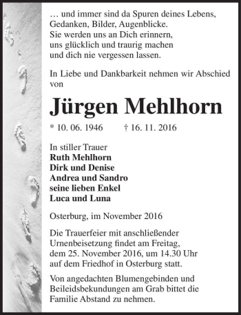 Traueranzeige von Jürgen Mehlhorn  von Magdeburger Volksstimme
