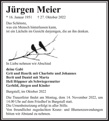 Traueranzeige von Jürgen Meier  von Magdeburger Volksstimme