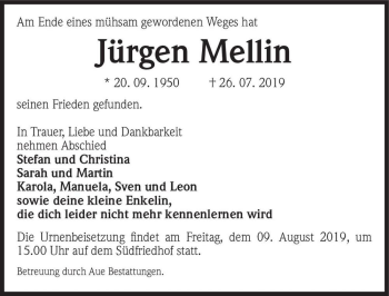 Traueranzeige von Jürgen Mellin  von Magdeburger Volksstimme