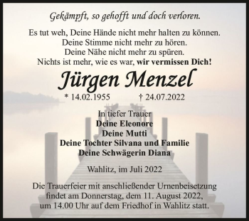 Traueranzeige von Jürgen Menzel  von Magdeburger Volksstimme
