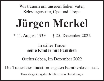 Traueranzeige von Jürgen Merkel  von Magdeburger Volksstimme