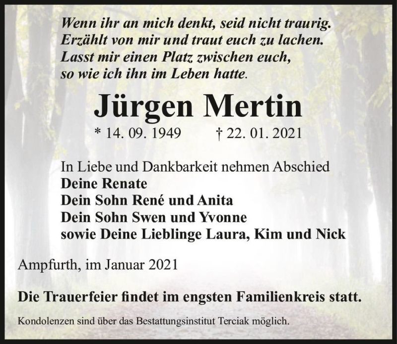  Traueranzeige für Jürgen Mertin  vom 30.01.2021 aus Magdeburger Volksstimme