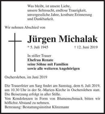 Traueranzeige von Jürgen Michalak  von Magdeburger Volksstimme