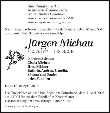 Traueranzeige von Jürgen Michau  von Magdeburger Volksstimme