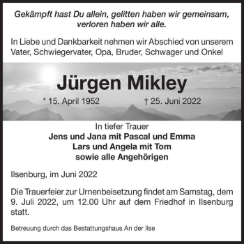 Traueranzeige von Jürgen Mikley  von Magdeburger Volksstimme
