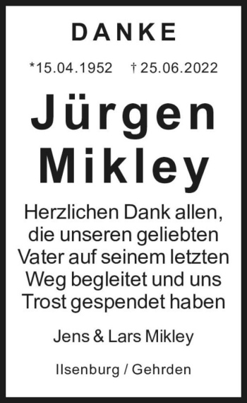 Traueranzeige von Jürgen Mikley  von Magdeburger Volksstimme