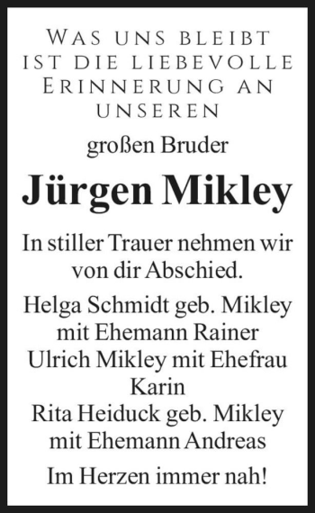 Traueranzeige von Jürgen Mikley  von Magdeburger Volksstimme