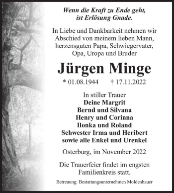 Traueranzeige von Jürgen Minge  von Magdeburger Volksstimme