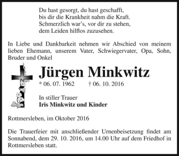 Traueranzeige von Jürgen Minkwitz  von Magdeburger Volksstimme