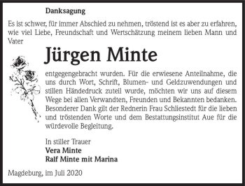 Traueranzeige von Jürgen Minte  von Magdeburger Volksstimme