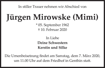 Traueranzeige von Jürgen Mirowske (Mimi)  von Magdeburger Volksstimme