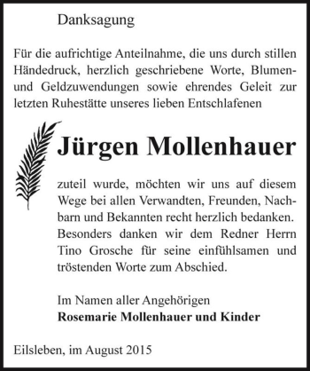 Traueranzeige von Jürgen Mollenhauer  von Magdeburger Volksstimme