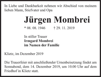 Traueranzeige von Jürgen Mombrei  von Magdeburger Volksstimme