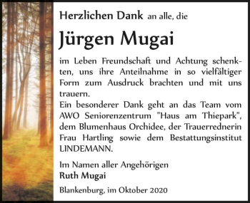 Traueranzeige von Jürgen Mugai  von Magdeburger Volksstimme