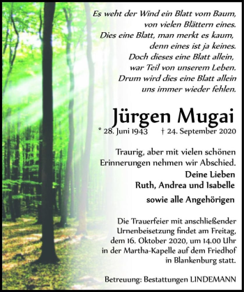 Traueranzeige von Jürgen Mugai  von Magdeburger Volksstimme