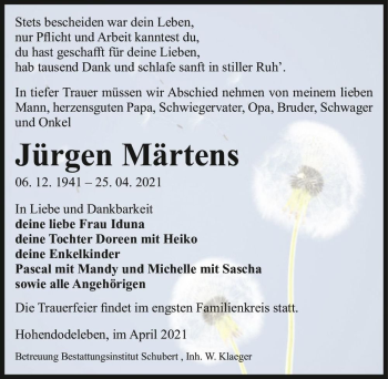 Traueranzeige von Jürgen Märtens  von Magdeburger Volksstimme