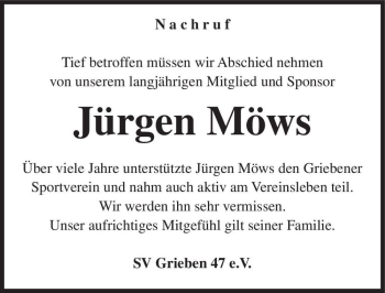 Traueranzeige von Jürgen Möws  von Magdeburger Volksstimme