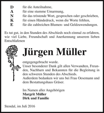 Traueranzeige von Jürgen Müller  von Magdeburger Volksstimme