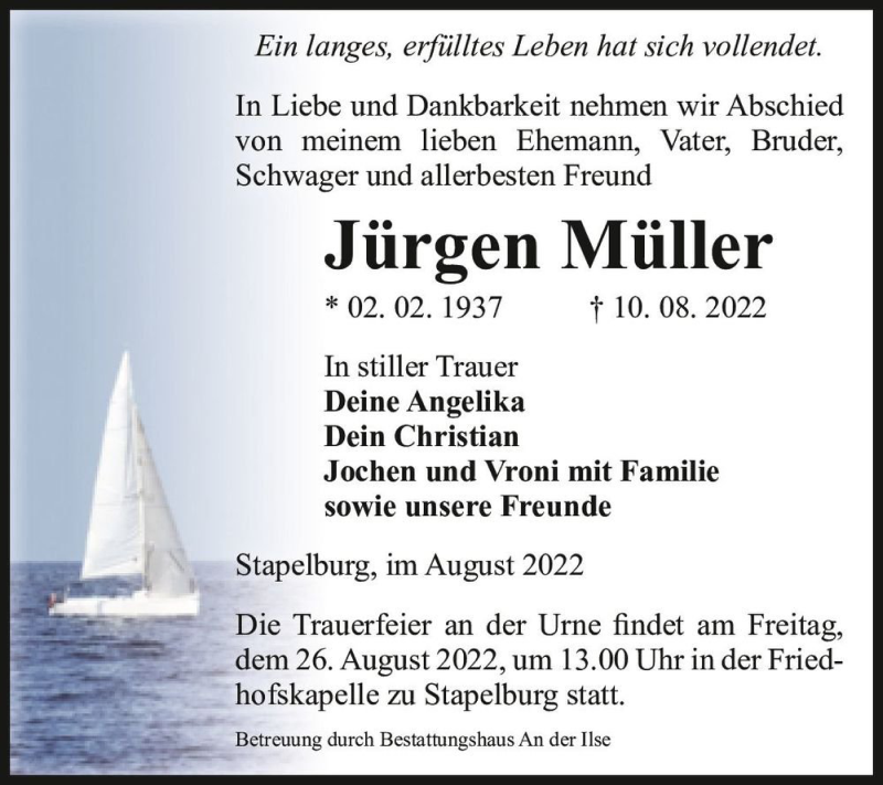  Traueranzeige für Jürgen Müller  vom 13.08.2022 aus Magdeburger Volksstimme