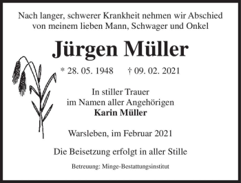 Traueranzeige von Jürgen Müller  von Magdeburger Volksstimme