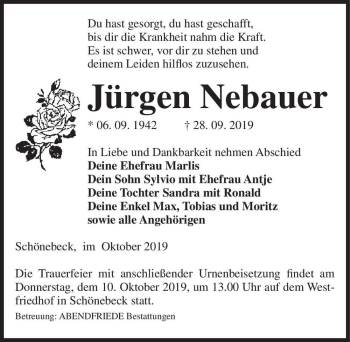Traueranzeige von Jürgen Nebauer  von Magdeburger Volksstimme