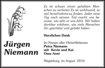 Traueranzeige von Jürgen Niemann  von Magdeburger Volksstimme