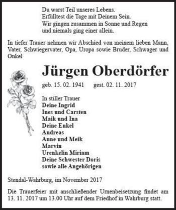 Traueranzeige von Jürgen Oberdörfer  von Magdeburger Volksstimme
