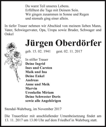Traueranzeige von Jürgen Oberdörfer  von Magdeburger Volksstimme