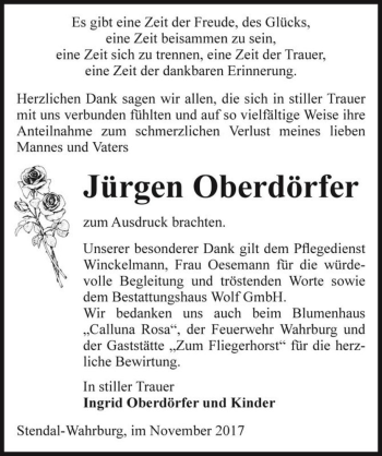Traueranzeige von Jürgen Oberdörfer  von Magdeburger Volksstimme