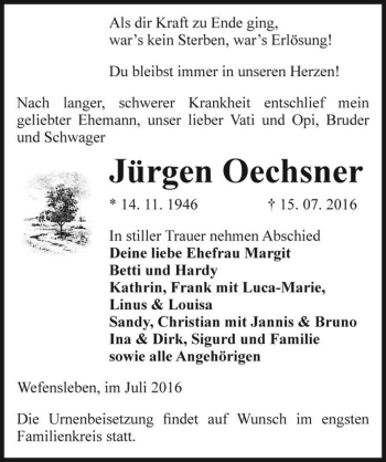Traueranzeige von Jürgen Oechsner  von Magdeburger Volksstimme