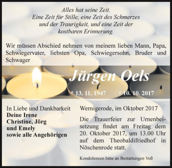 Traueranzeige von Jürgen Oels  von Magdeburger Volksstimme