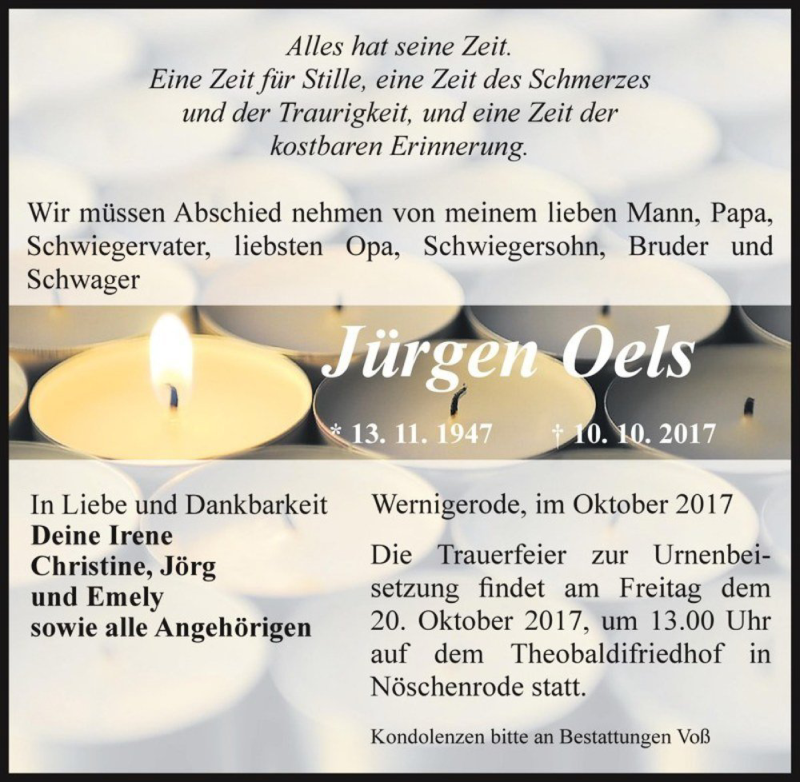  Traueranzeige für Jürgen Oels  vom 14.10.2017 aus Magdeburger Volksstimme