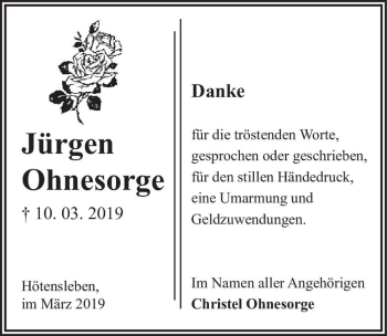 Traueranzeige von Jürgen Ohnesorge  von Magdeburger Volksstimme