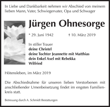 Traueranzeige von Jürgen Ohnesorge  von Magdeburger Volksstimme