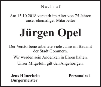 Traueranzeige von Jürgen Opel  von Magdeburger Volksstimme