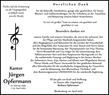 Traueranzeige von Jürgen Opfermann  von Magdeburger Volksstimme