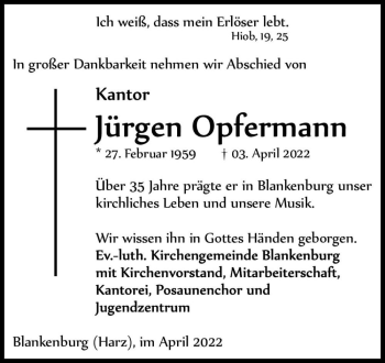 Traueranzeige von Jürgen Opfermann  von Magdeburger Volksstimme
