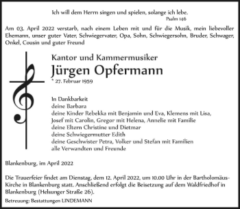 Traueranzeige von Jürgen Opfermann  von Magdeburger Volksstimme