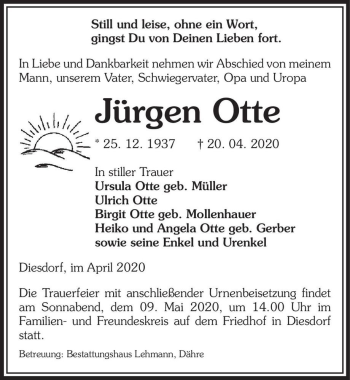 Traueranzeige von Jürgen Otte  von Magdeburger Volksstimme