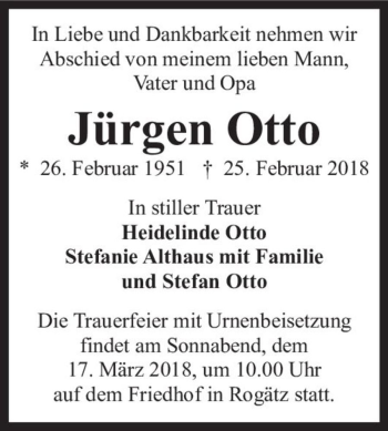 Traueranzeige von Jürgen Otto  von Magdeburger Volksstimme
