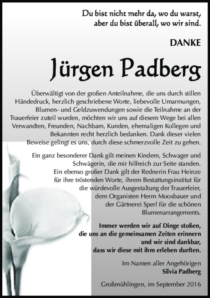  Traueranzeige für Jürgen Padberg  vom 01.10.2016 aus Magdeburger Volksstimme