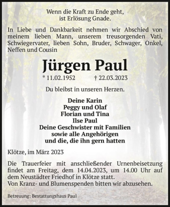 Traueranzeige von Jürgen Paul  von Magdeburger Volksstimme