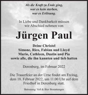 Traueranzeige von Jürgen Paul  von Magdeburger Volksstimme