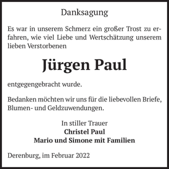Traueranzeige von Jürgen Paul  von Magdeburger Volksstimme